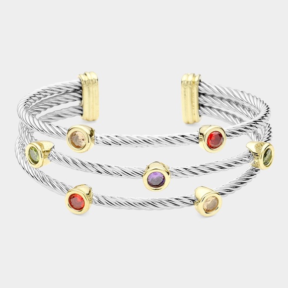 Two Tone Multi Color Cuff Cable Bracelet with Gem Accents - Picture 2 of 2